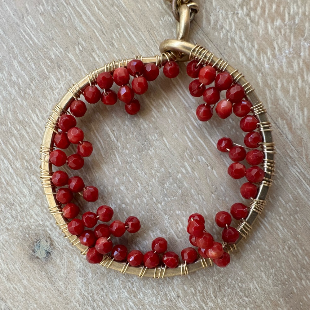 Artisan Gold Wire Wrapped Coral Red Beaded Statement Necklace 10" Length